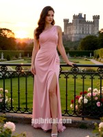 Elegant Blush Pink One Shoulder Bridesmaid Dress, Ruched Satin Formal Evening Gown with High Slit for Wedding Guest