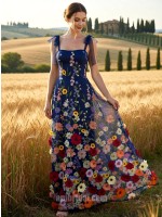 Vibrant Floral Jacquard A-Line Evening Dress with Navy Blue Tie-Straps