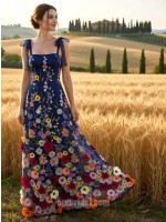 Vibrant Floral Jacquard A-Line Evening Dress with Navy Blue Tie-Straps
