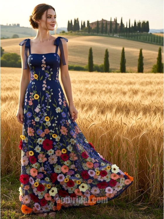 Vibrant Floral Jacquard A-Line Evening Dress with Navy Blue Tie-Straps