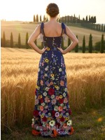 Vibrant Floral Jacquard A-Line Evening Dress with Navy Blue Tie-Straps