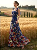 Vibrant Floral Jacquard A-Line Evening Dress with Navy Blue Tie-Straps