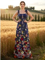 Vibrant Floral Jacquard A-Line Evening Dress with Navy Blue Tie-Straps
