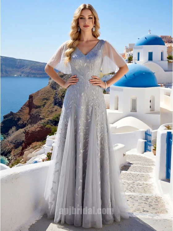 Elegant V-Neck Grey A-Line Evening Dress with Arm-Slimming Tulle Flutter Sleeves