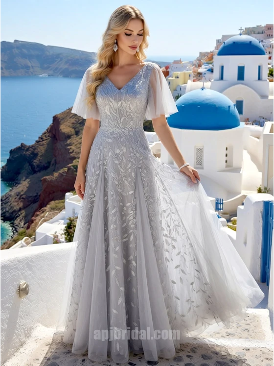 Elegant V-Neck Grey A-Line Evening Dress with Arm-Slimming Tulle Flutter Sleeves