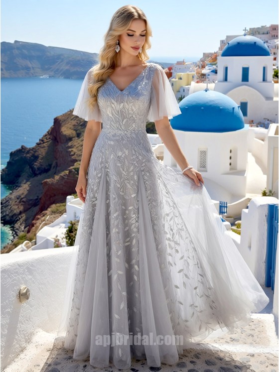 Elegant V-Neck Grey A-Line Evening Dress with Arm-Slimming Tulle Flutter Sleeves