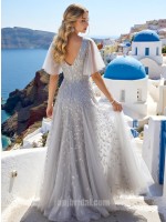 Elegant V-Neck Grey A-Line Evening Dress with Arm-Slimming Tulle Flutter Sleeves