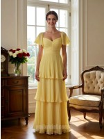 Vibrant Yellow Tiered Chiffon Evening Gown with Flutter Sleeves and Sweetheart Neckline