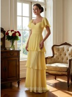 Vibrant Yellow Tiered Chiffon Evening Gown with Flutter Sleeves and Sweetheart Neckline