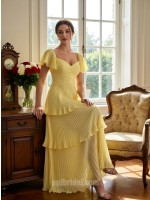 Vibrant Yellow Tiered Chiffon Evening Gown with Flutter Sleeves and Sweetheart Neckline