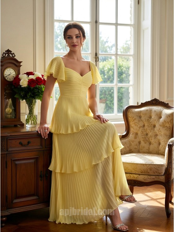 Vibrant Yellow Tiered Chiffon Evening Gown with Flutter Sleeves and Sweetheart Neckline