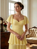 Vibrant Yellow Tiered Chiffon Evening Gown with Flutter Sleeves and Sweetheart Neckline