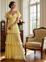 Vibrant Yellow Tiered Chiffon Evening Gown with Flutter Sleeves and Sweetheart Neckline
