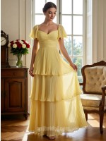 Vibrant Yellow Tiered Chiffon Evening Gown with Flutter Sleeves and Sweetheart Neckline