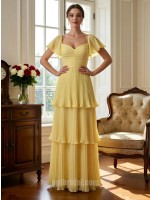 Vibrant Yellow Tiered Chiffon Evening Gown with Flutter Sleeves and Sweetheart Neckline