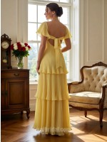 Vibrant Yellow Tiered Chiffon Evening Gown with Flutter Sleeves and Sweetheart Neckline