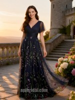 Enchanting Midnight Navy Floral Embroidery Tulle A-Line Gown with Flutter Sleeves