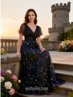 Enchanting Midnight Navy Floral Embroidery Tulle A-Line Gown with Flutter Sleeves