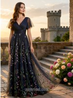 Enchanting Midnight Navy Floral Embroidery Tulle A-Line Gown with Flutter Sleeves