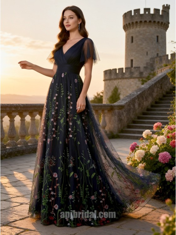 Enchanting Midnight Navy Floral Embroidery Tulle A-Line Gown with Flutter Sleeves