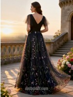 Enchanting Midnight Navy Floral Embroidery Tulle A-Line Gown with Flutter Sleeves