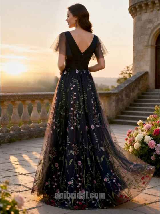 Enchanting Midnight Navy Floral Embroidery Tulle A-Line Gown with Flutter Sleeves