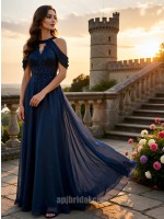 Navy Blue Hand-Beaded Halter Neck Cold-Shoulder Chiffon A-Line Evening Gown