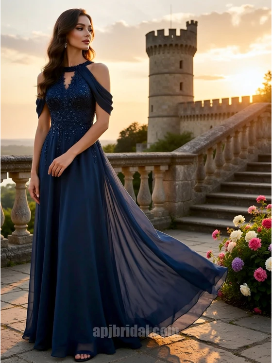 Navy Blue Hand-Beaded Halter Neck Cold-Shoulder Chiffon A-Line Evening Gown