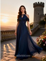 Navy Blue Hand-Beaded Halter Neck Cold-Shoulder Chiffon A-Line Evening Gown