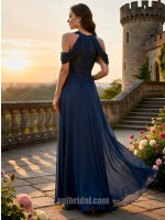 Navy Blue Hand-Beaded Halter Neck Cold-Shoulder Chiffon A-Line Evening Gown