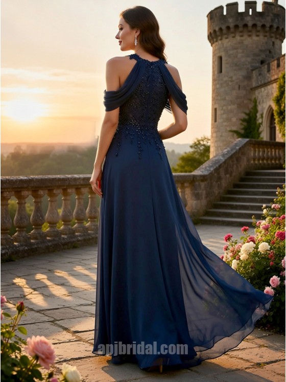 Navy Blue Hand-Beaded Halter Neck Cold-Shoulder Chiffon A-Line Evening Gown