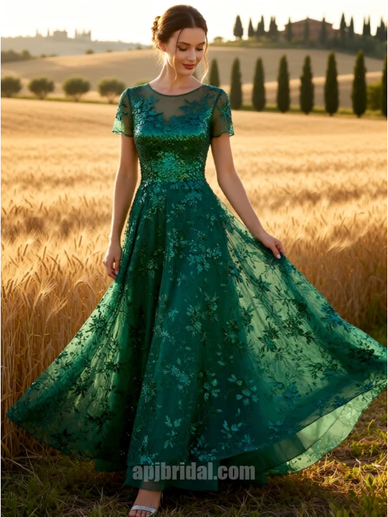 Emerald Green Mesh Sequin Embroidery Short Sleeve Floor-Length Gown