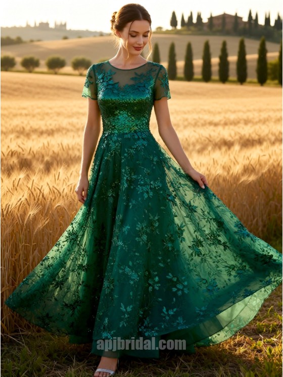 Emerald Green Mesh Sequin Embroidery Short Sleeve Floor-Length Gown