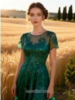 Emerald Green Mesh Sequin Embroidery Short Sleeve Floor-Length Gown