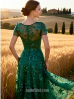 Emerald Green Mesh Sequin Embroidery Short Sleeve Floor-Length Gown