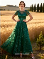 Emerald Green Mesh Sequin Embroidery Short Sleeve Floor-Length Gown