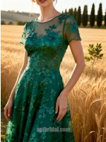 Emerald Green Mesh Sequin Embroidery Short Sleeve Floor-Length Gown