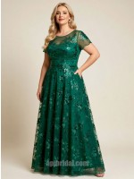 Emerald Green Mesh Sequin Embroidery Short Sleeve Floor-Length Gown