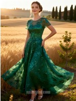 Emerald Green Mesh Sequin Embroidery Short Sleeve Floor-Length Gown