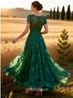 Emerald Green Mesh Sequin Embroidery Short Sleeve Floor-Length Gown