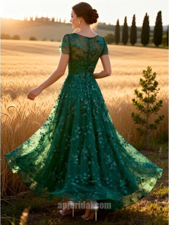 Emerald Green Mesh Sequin Embroidery Short Sleeve Floor-Length Gown