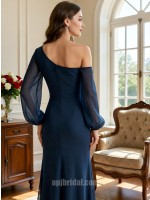 Navy Blue Chiffon One-Shoulder Puff Sleeve High-Slit Mermaid Gown with Sweep Train