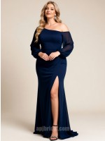 Navy Blue Chiffon One-Shoulder Puff Sleeve High-Slit Mermaid Gown with Sweep Train