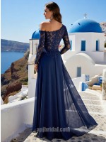 Navy Blue Lace One-Shoulder Long Sleeve High-Slit Floor-Length Gown