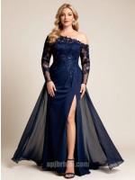 Navy Blue Lace One-Shoulder Long Sleeve High-Slit Floor-Length Gown