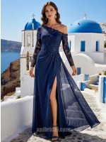 Navy Blue Lace One-Shoulder Long Sleeve High-Slit Floor-Length Gown