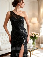Glamorous Black Sequin One-Shoulder High-Slit Mermaid Gown with Sweep Train
