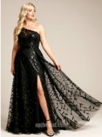 Glamorous Black Sequin One-Shoulder High-Slit Mermaid Gown with Sweep Train