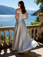 Silver Grey Off-the-Shoulder Pleated Satin A-Line Floor-Length Gown