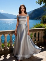 Silver Grey Off-the-Shoulder Pleated Satin A-Line Floor-Length Gown
